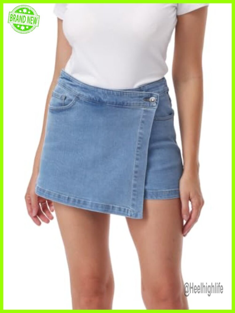 High Waisted Denim Skort Built-in Shorts Wrap Front Pockets Stretch